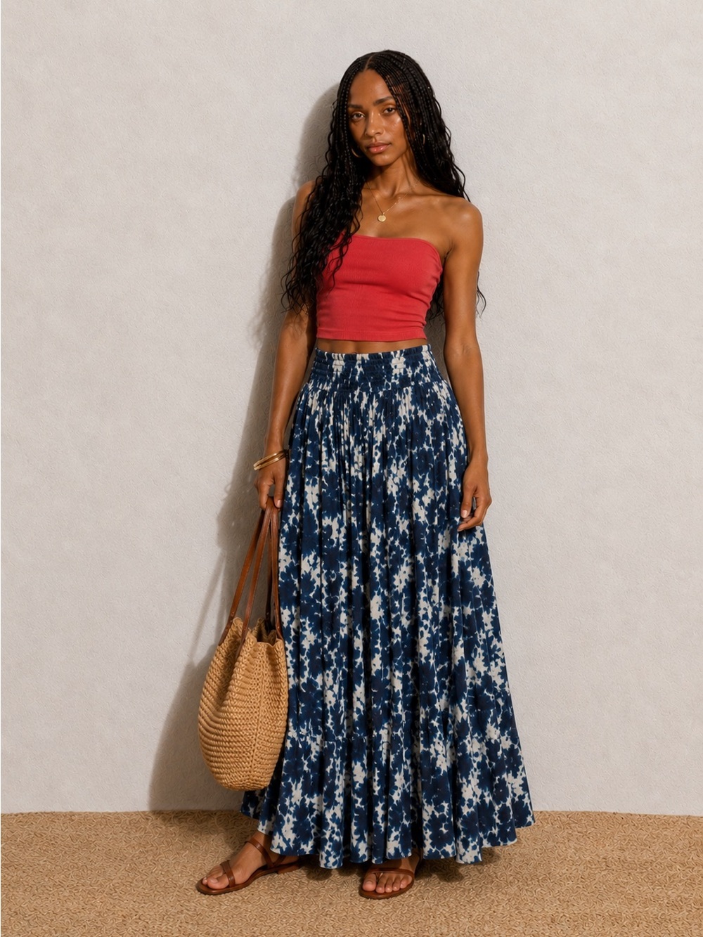 Band of Gypsies Blue & White Tie-Dye Maxi Skirt | Boho Festival Resort Wear | M